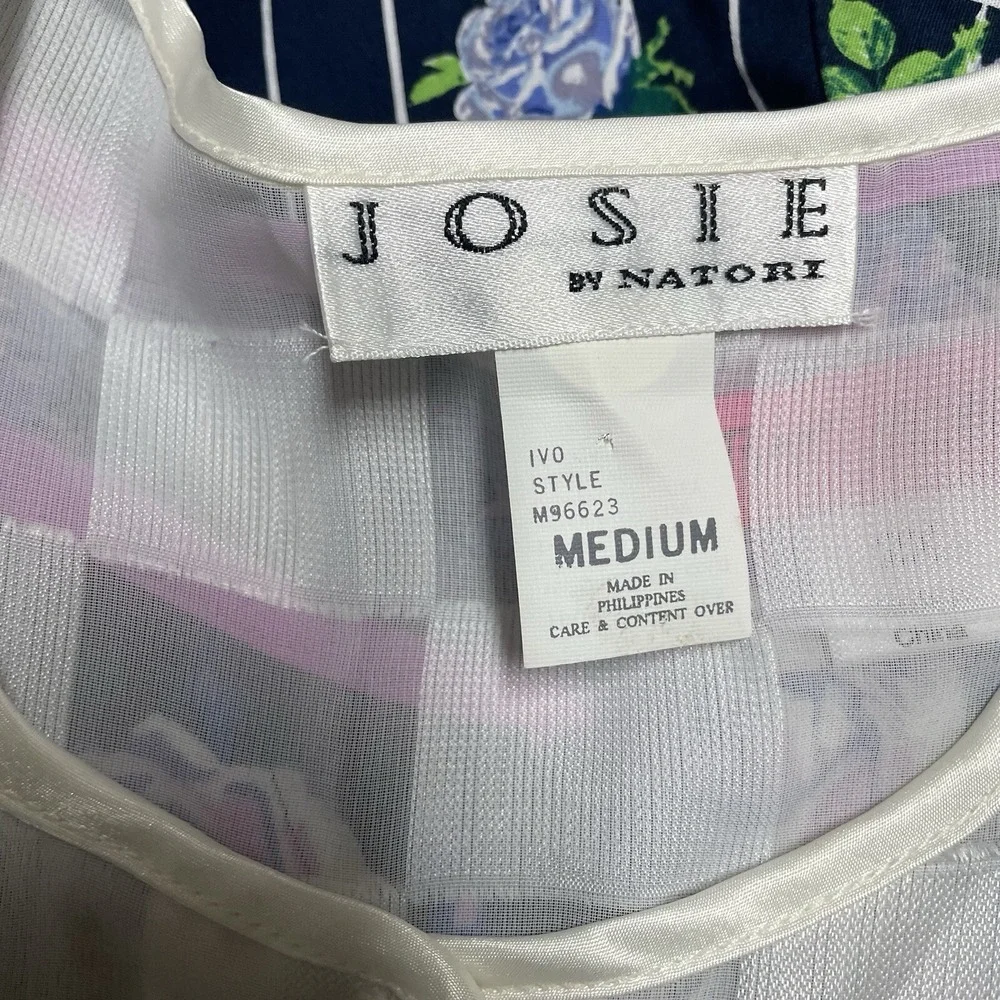 Vintage JOSIE By NATORI‎ Sz M Ivory Checkerboard Sheer Button Front Shirt Lounge